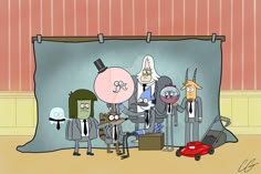 a group of cartoon characters standing in front of a curtain