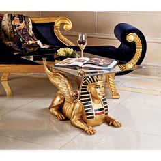 Design Toscano Golden Egyptian Sphinx Glass-Topped Sculptural Table - Walmart.com - Walmart.com Egyptian Furniture, Egyptian Home Decor, Sculptural Table, Ancient Egyptian Artifacts, Pedestal Coffee Table, Egyptian Artifacts, Pyramids Of Giza, Mythical Beast, European Furniture