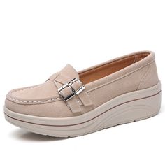 The Gloriana Women's Platform from USS Shoes combines luxurious suede leather with a round toe shape and a durable rubber outsole for a look and feel that is sophisticated and dependable. The platform features a polyurethane lining and a true-fitting slip-on construction with an impressive 2" heel height to complete the look. Rely on this high-quality product for a timeless style. • Leather Style: Suede• Toe Shape: Round Toe• Outsole Material: Rubber• Lining Material: Polyurethane• Fit: Fits tru Women Platform Sneakers, Casual Wedges, Elegant Heels, Orthopedic Shoes, Slip On Flats, Women Flats, Leather Flat Shoes, Flats Shoes, Suede Loafers