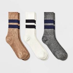 Women's Lightweight Ribbed Striped 3pk Crew Socks - Universal Thread™ Ivory/heather Gray/brown Heather 4-10 : Target Champion Socks, Target Clothes, Sock Packs, Cozy Socks, Warm Socks, Striped Socks, Ribbed Texture, Athletic Socks, Universal Thread