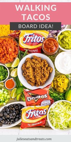 a table full of taco salads with the title saying walking tacos board idea