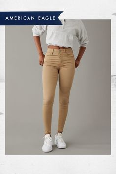 Super Stretch/High level stretch holds its shape & won't bag out so you always look and feel great/One-of-a-kind saturated color/Sateen Tan Jeans, Saturated Color, High Level, Feeling Great, Dream Wardrobe, Jeggings, Women's Jeans, American Eagle Outfitters, American Eagle