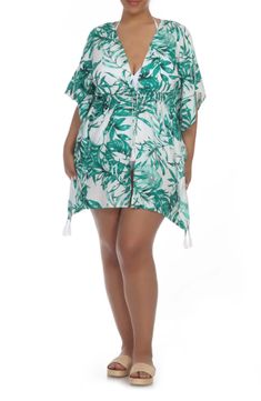 BOHO ME Tie Front Short Sleeve Cover-Up | Nordstromrack Vacation Wardrobe, Green Print, The Pool, White Green, Nordstrom Rack, Wrap Dress, Cover Up, Size 2, Hand Wash