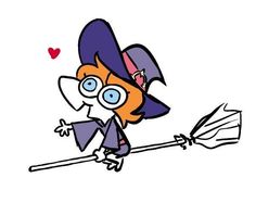 a cartoon witch flying on a broom with her eyes wide open and wearing a purple hat