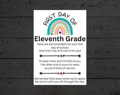 the first day of ellventh grade poster on a wooden background with text