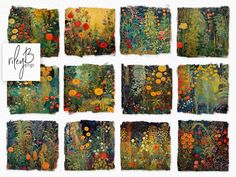 nine different paintings with flowers and plants on them