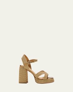 Castaner "Valle" metallic woven raffia platform sandals with leather trim    3.15 in / 80 mm covered block heel; 0.75 in / 20 mm platform    Open toe    Crisscross vamp    Adjustable ankle strap    Rubber outsole    Lining: Leather    Do not iron, dry clean    Made in Spain Woven Raffia, Espadrille Shoes, Leather Trim, Platform Sandals, Leather Trims, Block Heels, Ankle Strap, Open Toe, Espadrilles