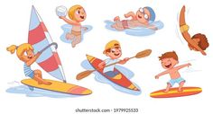 children are playing in the water on surfboards and kayaks, while another child is swimming