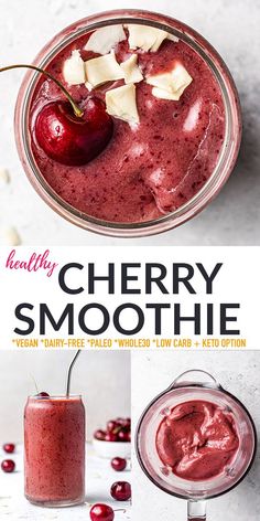 cherry smoothie in a glass with cherries on top and the title reads healthy cherry smoothie