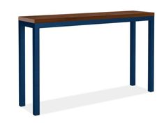 a wooden table with metal legs and a blue frame on the top, against a white background