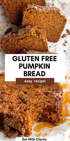 gluten free pumpkin bread is cut in half and stacked on top of each other