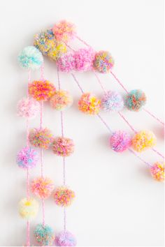 multicolored pom - poms hanging from string on white background