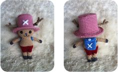 two crocheted stuffed animals wearing hats and shorts