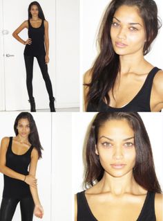 four photos of a woman in black clothing posing for the camera, and then looking at the camera