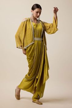 Mustard pre-draped saree with sequin, pearl, zari thread embroidery in floral placement pattern. Paired with padded blouse, detachable pallu, pearl border embroidered belt and stripe embroidered jacket. - Aza Fashions Blouse Sweetheart Neck, Sweetheart Neck Blouse, Pearl Border, Embroidered Belt, Drape Saree, Georgette Blouse, Open Sleeve, Blouse Sleeveless, Thread Embroidery