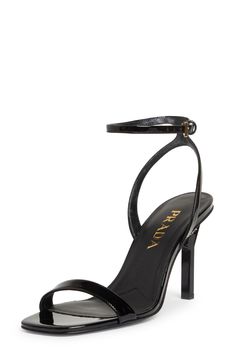 A sculptural heel with an iconic Prada triangular logo supports this minimalist ankle-strap sandal crafted of glossy calfskin leather. 3 1/2" (89mm) heel Adjustable ankle strap with buckle closure Leather upper, lining and sole Made in Italy Designer Shoes Sculptural Heels, Prada High Heels, Prada Shoes Aesthetic, Black Designer Heels, Prada Heels, Prada Sandals, Cutout Heels, Fancy Heels, Shoes Hack