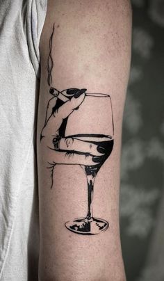 Tattoo Wine Ideas, Skeleton Hand Holding Wine Glass Tattoo, Hand Holding Wine Glass Tattoo, Cigeratte Tattoo, Vodka Tattoo, Glass Of Wine Tattoo, Mixology Tattoo, Wine Tattoo Ideas, Alcohol Tattoos