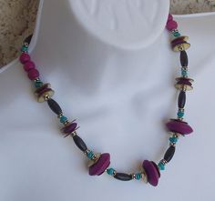 #SALE #Etsy  Magenta Black Blue Gold Wood Necklace Earrings 25%OFF Coupon Code OCTOBER25 Bohemian Multicolor Wooden Beads Necklace, Unique Multicolor Wooden Bead Jewelry, Bohemian Multi-strand Purple Beaded Necklaces, Multi-strand Red Necklace With Wooden Beads, Bohemian Multi-strand Pink Necklace, Paper Beads Necklace, Unique Valentines Gifts, Wood Necklace