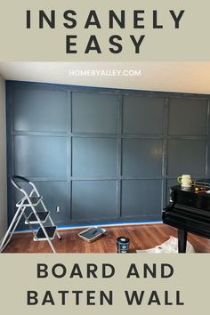 An image of a board and batten wall with text overlay that says "Insanely Easy Board and Batten Wall" How To Diy Board And Batten, How To Put Up Board And Batten, Accent Wall Board And Batten Bedroom, Square Board And Batten Wall Bedroom, Board And Batten Sizes, Board And Batten Long Wall, Diy Easy Accent Wall, Boys Room Board And Batten Wall, Board A D Batten Wall