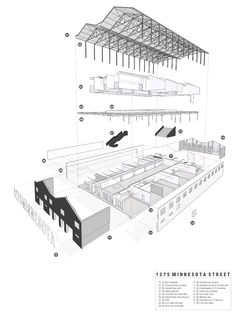 an architectural drawing shows the interior and exterior of a train station, with various sections labeled in