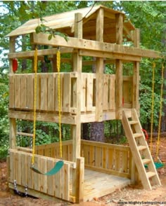 a wooden play set with swings and ladders