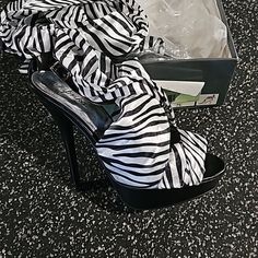 Super Cute! Brand New Tie Up Ankle Size 7.5 Zebra Print Black And White Round Toe Heels For Party, High Heel Zebra Print Party Heels, Black High Heels With Zebra Print, Spring Zebra Print High Heels, Chic Zebra Print High Heels, Printed Ties, Zebra Print, Shoes Women Heels, Shoes Heels