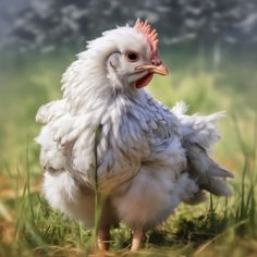 a white chicken standing on top of a lush green field