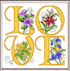 a cross stitch pattern with the letter d and flowers on it, in gold frame