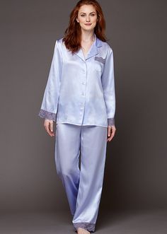 Serendipity Pure Silk Pajama - Lace Trimmed | Julianna Rae Elegant Relaxed Fit Sleepwear, Elegant Silk Sleepwear For Relaxation, Elegant Relax Fit Sleepwear For Pajama Party, Elegant Relaxed Fit Sleepwear For Pajama Party, Elegant Relaxed Fit Sleepwear Long Pants, Elegant Silk Sleepwear With Relaxed Fit, Elegant Blue Sleepwear For Relaxation, Silk Pajama, Luxury Silk