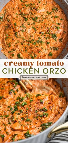 creamy tomato chicken orzo in a skillet