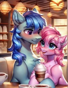 two cute little ponys sitting next to each other at a table with coffee cups