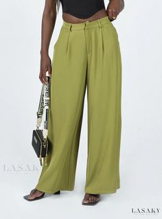 Lasaky - Khaki Wide Leg Pants - A Plazzo Exclusive Elegant Green Wide Leg Pants With Pockets, Green Solid Wide-leg Pants, High Waist Green Dress Pants With Pockets, Green High Waist Dress Pants With Pockets, Green Solid Color Bottoms For Workwear, Green Solid Color Bottoms For Work, Elegant Green Solid Color Pants, Chic Green Pants With Pockets, Green Straight Dress Pants With Pockets