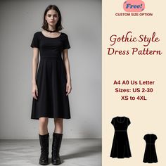 the gothic style dress pattern is available in sizes up to 4xl and has short sleeves