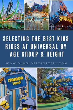 collage of images from universal theme park in orlando showing kids rides Orlando Theme Parks Travel Tips, Universal Studios Rides, Universal Studios Orlando Trip