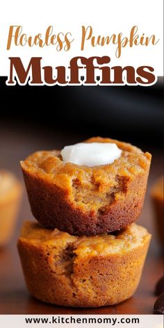 two pumpkin muffins stacked on top of each other with the title above it