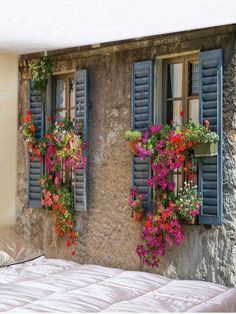 two windows with blue shutters and flower boxes on the side of a bed in front of a stone wall