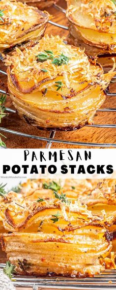 some food that is sitting on top of a wire rack with the words parmesan potato stacks