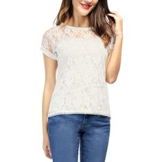 Wearable romance arrives in a richly detailed shirt, styled in the loveliest lace. Richly textured lace and a beautiful cutout hem give delicate charm to this sweet blouse. Sophisticated yet romantic, this cap-sleeve top hits all the right notes with sheer floral lace. Bringing instant romance to any day or night look, a top of sheer floral lace shows an elegant silhouette. Cut in sheer floral lace with short sleeves, a curved hem, and a round neckline, this piece is as refined as it is sweet. Lacy Shirt, Top Transparente, Lace Top White, Floral Lace Top, Floral Lace Shorts, Floral Lace Blouse, Short Sleeve Tunic Tops, White Lace Blouse, Floral Lace Tops