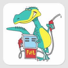 a cartoon dinosaur sitting on top of a gas pump with fuel in it's mouth