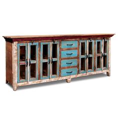 an old wooden cabinet with glass doors on the top and bottom, painted blue and brown