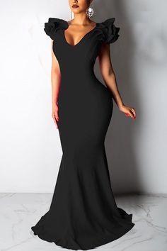 Size(in) Bust Waist Hip Length S 29.5  25.2  34.1  55.5  M 31.9  27.6  36.5  56.8  L 34.3  29.9  39.4  58.1  XL 36.6  32.3  42.1  59.1  XXL 39.0  34.6  45.3  60.6 Fitted V-neck Maxi Dress With Ruffles, Stretch V-neck Dress With Ruffles, Non-stretch Elegant Maxi Dress With Ruffles, Stretch V-neck Maxi Dress, Non-stretch V-neck Dress With Ruffles, Ruffled Maxi Length V-neck Dress For Party, Maxi Length V-neck Ruffle Dress For Party, Ruffled Maxi V-neck Dress For Party, Stretch Ruffle V-neck Dress