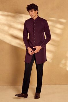 Maroon sherwani with sequin and bead embellished floral geometric motifs. Comes with pant. - Aza Fashions Maroon Sherwani, Geometric Motifs, Floral Geometric, Mandarin Collar, Aza Fashion, Mens Pants, Sequin, Silk, Collar