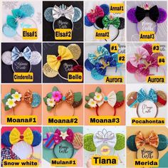 many different types of minnie mouse ears with name tags on each ear and the names below them