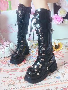 This price is for a pair of boots only, others are not included.  Height : 35cm Size34353637383940Foot Length2222.52323.52424.525 Punk Style Platform Boots With Round Toe For Concerts, Black Lace-up Boots For Cosplay, Gothic Round Toe Platform Boots For Fall, Grunge Winter Boots For Concerts, Grunge Boots For Winter Concert, Black Harajuku Style Lace-up Boots, Gothic Lace-up Knee-high Boots For Fall, Emo High-top Leather Platform Boots, Emo Style Black Leather Moto Boots