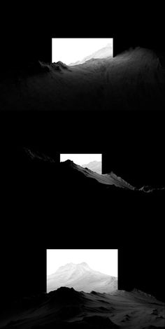 three black and white images with mountains in the background