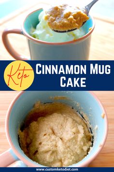 cinnamon mug cake is in a blue cup with a spoon inside and on the side