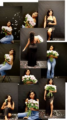 a collage of photos with different women holding flowers and confetti in their hands