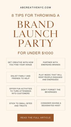 an advertisement for a brand launch party with the words, 8 tips for throwing a brand launch