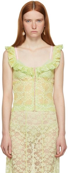 Stretch nylon-blend lace bustier-style camisole in green. · Scoop neck collar · Hook-eye closure at front Available exclusively at SSENSE. Supplier color: Green | Ichiyo SSENSE Exclusive Green Lace Bustier Green Lace Camisole Top, Green Lace Cami Top, Green Elegant Summer Corset, Elegant Green Summer Corset, Chic Fitted Green Camisole, Bias Dress, Lace Bustier, Tank Top Camisole, Green Lace