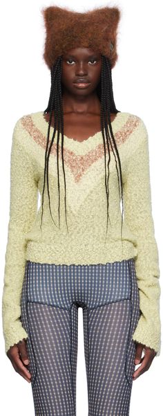 Knit slub mohair- and wool-blend bouclé sweater. · Rib knit V-neck, hem, and cuffs · Stripes at V-neck · Extended cuffs Supplier color: Cream speck Boucle Sweater, Wool Sweater, Rib Knit, Apparel Accessories, Wool Blend, Top Brands, Stripes, V Neck, Wool